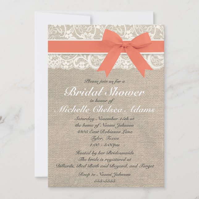 Coral Lace Burlap Bridal Shower Invitation (Front)