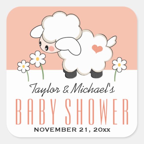 Coral Lamb Baby Shower Square Sticker