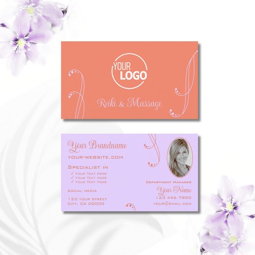 Coral Lavender Chic Ornate with Logo and Photo Business Card
