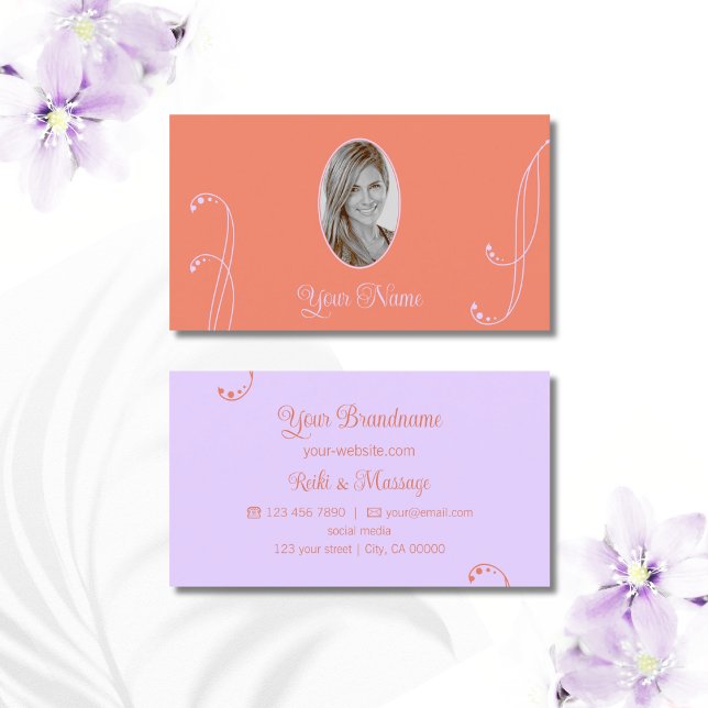 Coral Lavender Chic Ornate with Portrait Photo Business Card (Creator Uploaded)