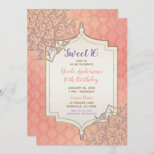Coral Lavender Gold Moroccan Glam Sweet 16 Party Invitation