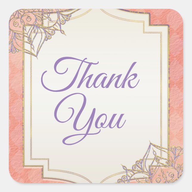 Coral Lavender Gold Moroccan Glam Wedding Favor Square Sticker (Front)