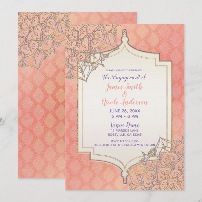 Coral Lavender Gold Moroccan Indian Engagement Invitation (Front/Back)