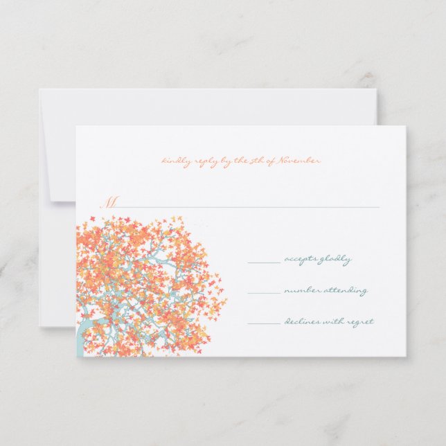 Coral Leaves Aqua Blue Tree  Wedding RSVP (Front)