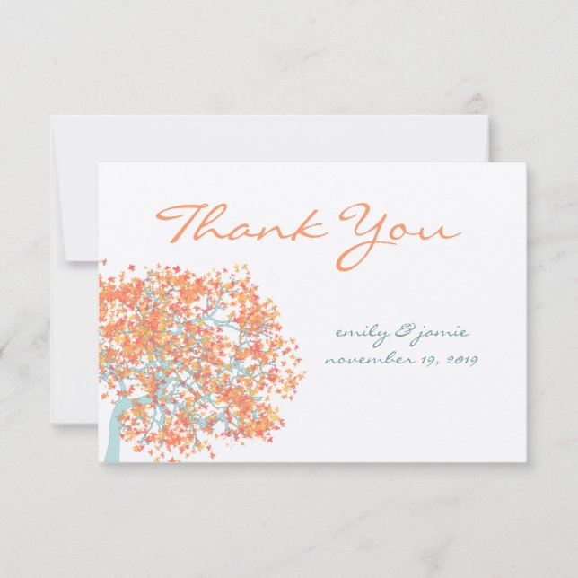 Coral Leaves AQUA Tree  Wedding Thank You Card (Front)