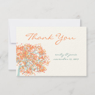 Coral Leaves AQUA Tree Wedding Thank You Card
