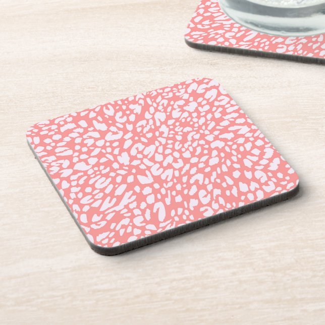 Coral Leopard Print Pattern Beverage Coaster (Left Side)