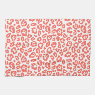 Coral Leopard Print Pattern Kitchen Towel