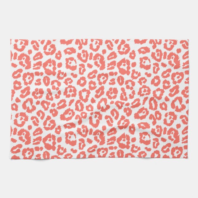 Coral Leopard Print Pattern Kitchen Towel (Horizontal)