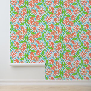 Coral Lime & Aqua Maximalist Floral Greek Key Wallpaper