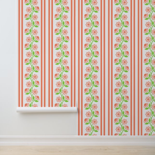 Coral & Lime Floral Column Stripe Wallpaper (Application)