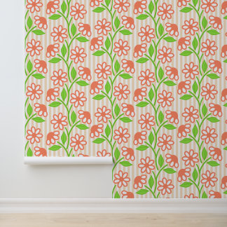 Coral & Lime Floral on Cabana Stripes Wallpaper
