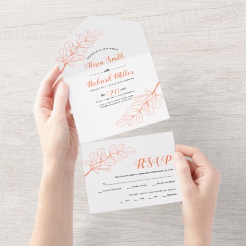 Coral line art branch and leaves wedding all in one invitation