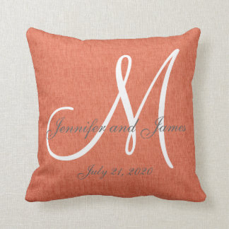Coral Linen Gray White Monogram Wedding Keepsake Throw Pillow
