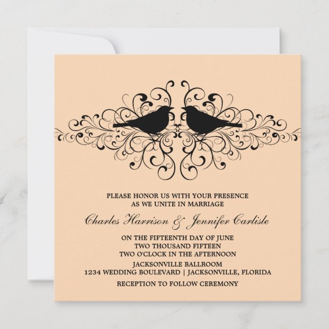 Coral Love Bird Swirls Wedding Invitation (Front)
