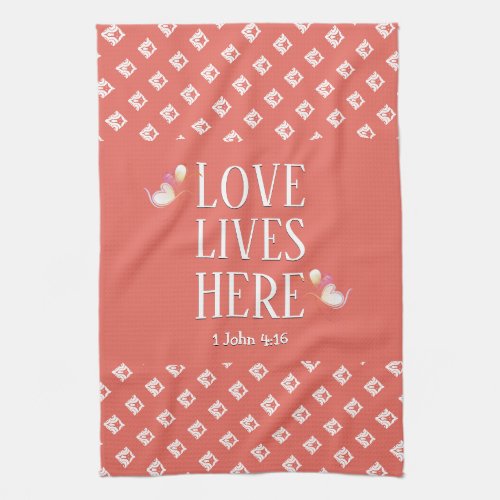 Coral  LOVE LIVES HERE  Stylish Customizable Kitchen Towel