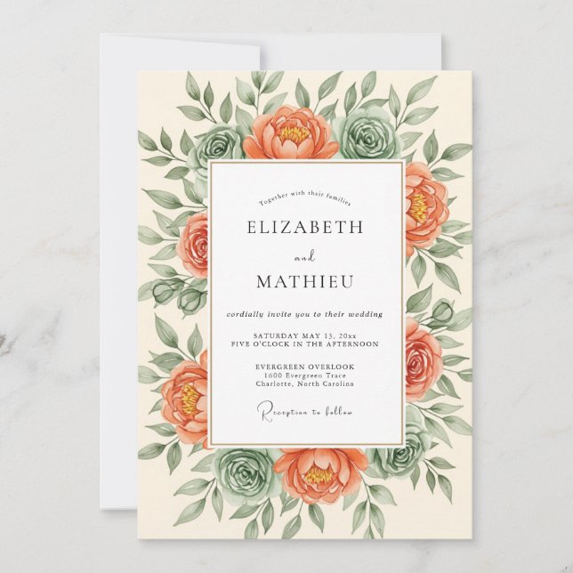 Coral Lush Botanical Romance Wedding Invitation (Front)