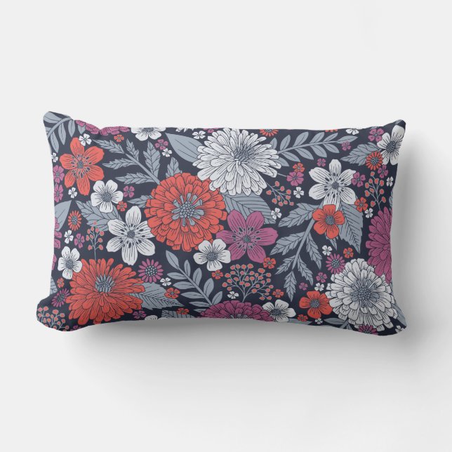 Coral, Magenta & Blue Zinnias Floral Lumbar Pillow (Front)
