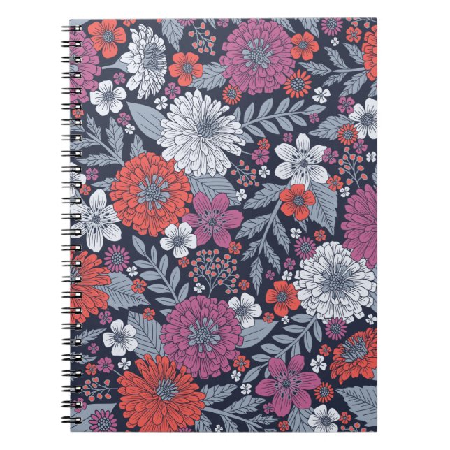 Coral, Magenta & Blue Zinnias Floral Notebook (Front)