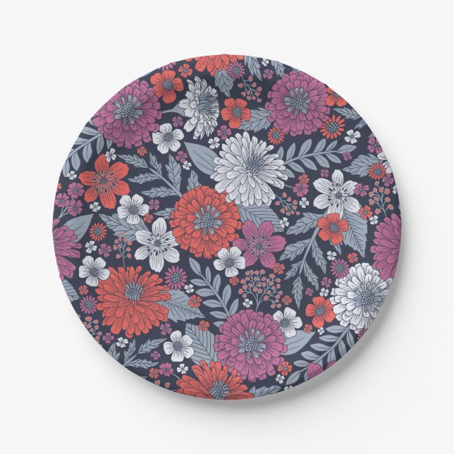 Coral, Magenta & Blue Zinnias Floral Paper Plates (Front)