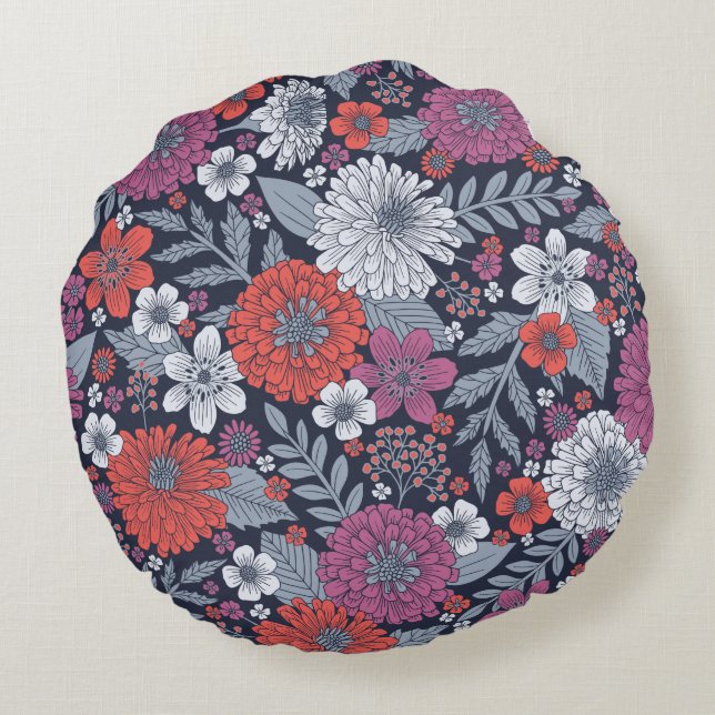 Coral, Magenta & Blue Zinnias Floral Round Pillow (Back)