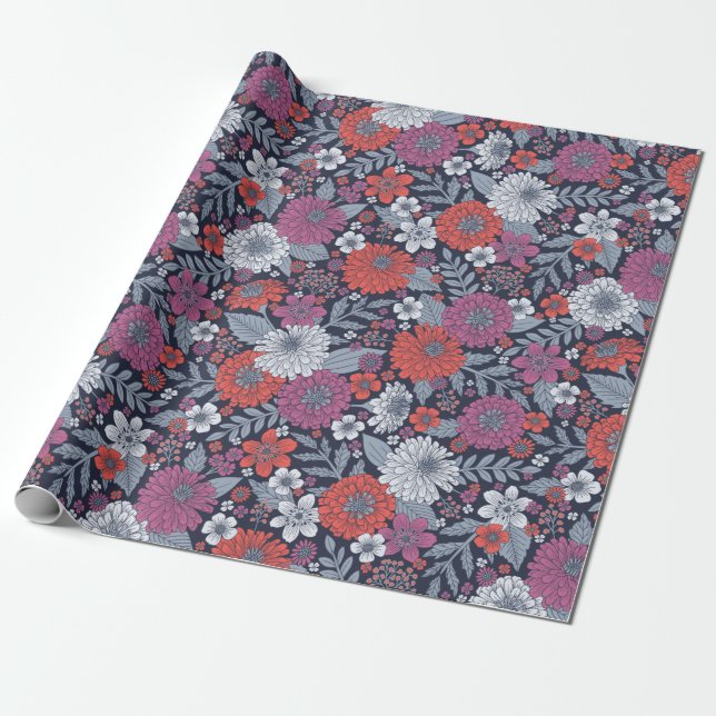 Coral, Magenta & Blue Zinnias Floral Wrapping Paper (Unrolled)