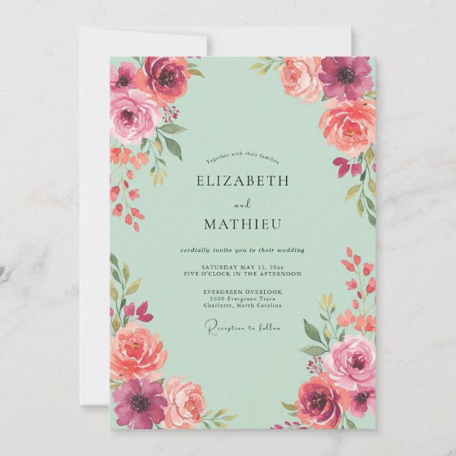 Coral Magenta Peony Wedding Invitation (Front)