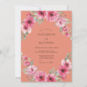 Coral Magenta Ranunculus Muted Eucalyptus Wedding Invitation
