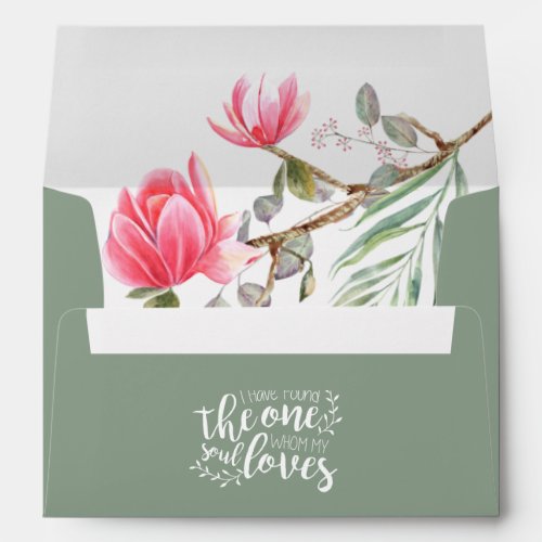 Coral Magnolia Floral Return Address Green Wedding Envelope