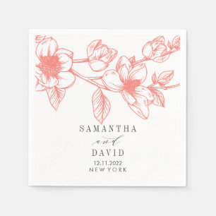 Coral Magnolia Flowers Wedding floral personalized Napkins