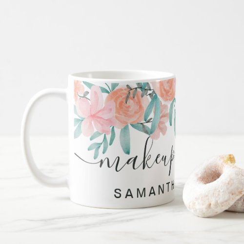 Coral makeup floral watercolor girly add your name coffee mug