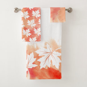 Coral maple leaf watercolor wash and monogram bath towel set
