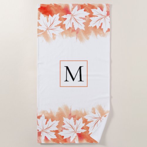 Coral maple leaf watercolor wash and monogram beach towel