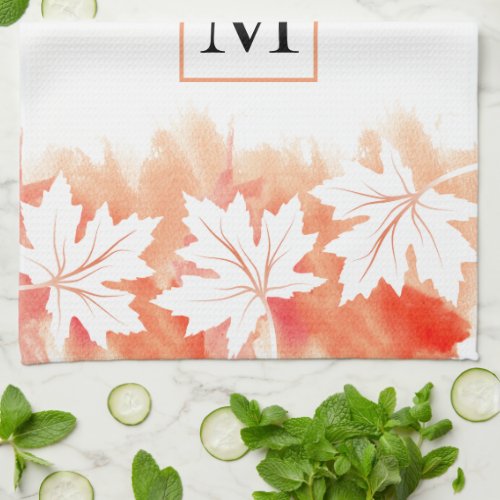 Coral maple leaf watercolor wash and monogram kitchen towel