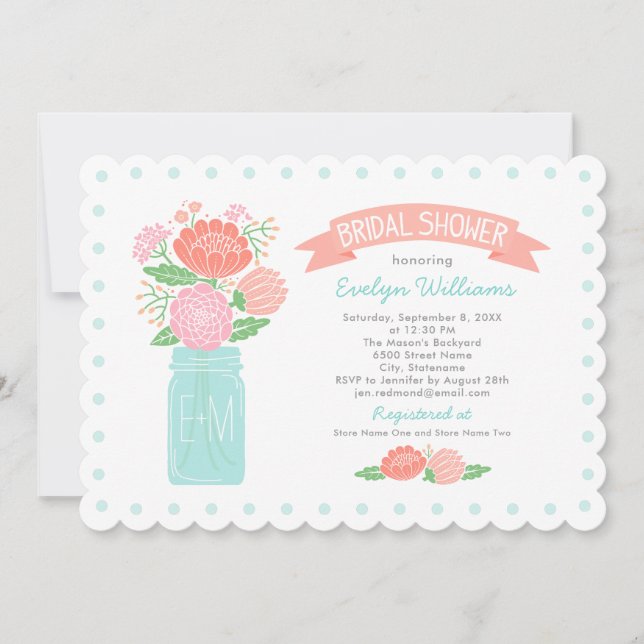 Coral Mason Jar Monogram Wedding Bridal Shower Invitation (Front)