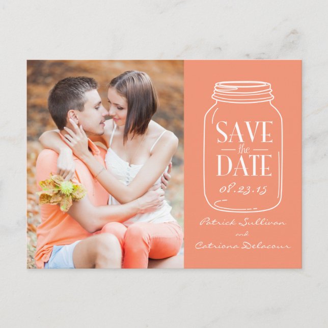 Coral Mason Jar Photo Save the Date Postcard (Front)