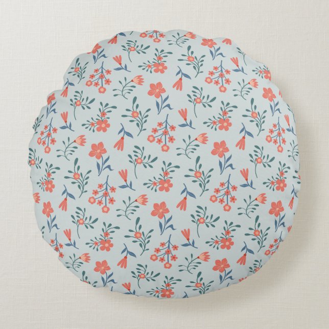 Coral Meadow Floral Pattern Round Pillow (Front)