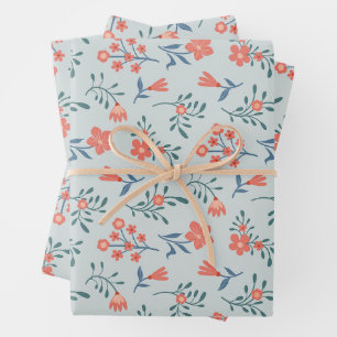 Coral Meadow Floral Pattern Wrapping Paper Sheets