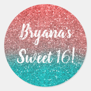 Coral Melon Orange Teal Aqua Green Sparkly Glitter Classic Round Sticker