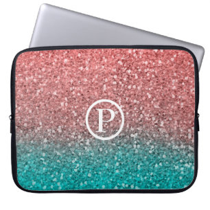 Coral Melon Orange Teal Aqua Green Sparkly Glitter Laptop Sleeve