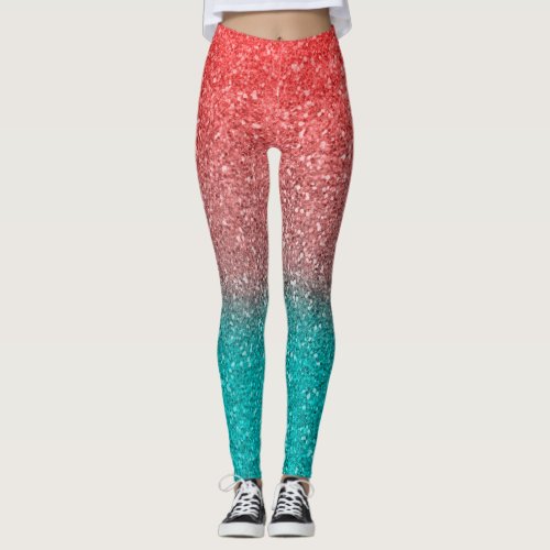 Coral Melon Orange Teal Aqua Green Sparkly Glitter Leggings