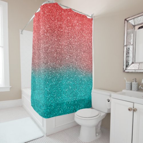 Coral Melon Orange Teal Aqua Green Sparkly Glitter Shower Curtain