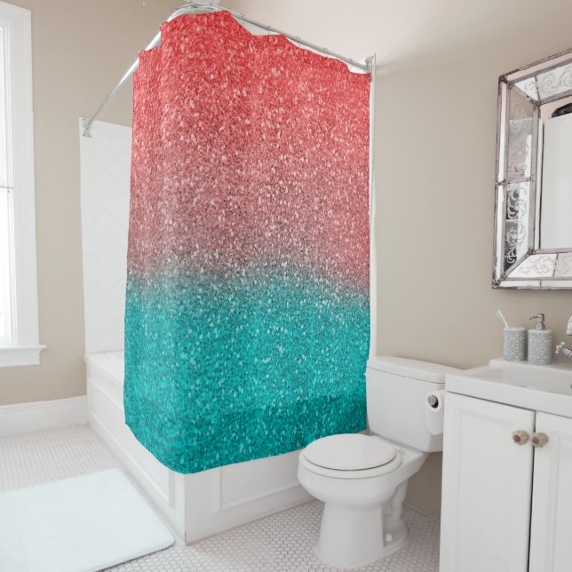 Coral Melon Orange Teal Aqua Green Sparkly Glitter Shower Curtain (In Situ)