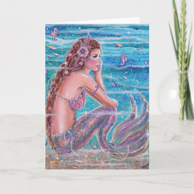 Coral mermaid with seahorse by Renee Lavoie Card (Front)