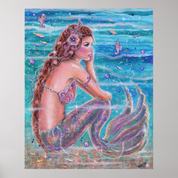 Coral mermaid with seahorses by Renee Lavoie Poster