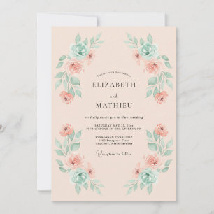 Coral Mint Airy Spring Wedding Invitation