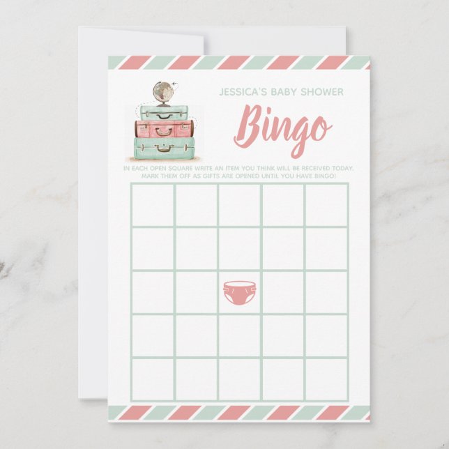 Coral mint baby shower bingo game invitation (Front)