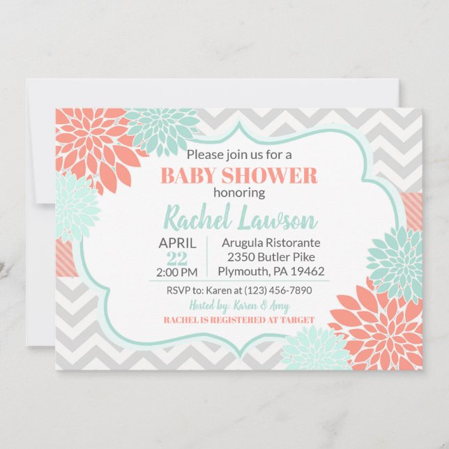 Coral & Mint Blooms Floral Baby Shower Invitation (Front)