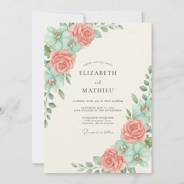 Coral Mint Botanical Bloom Wedding Invitation (Front)