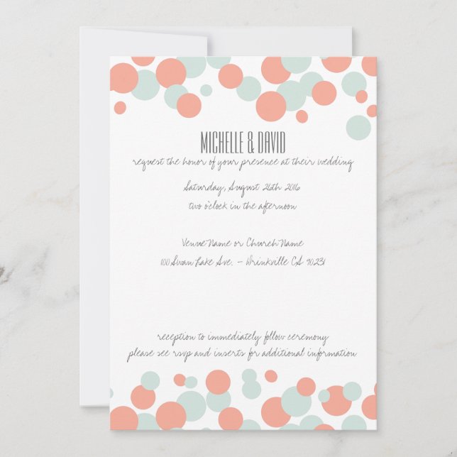 Coral & Mint Bubbles Confetti Wedding Invitations (Front)